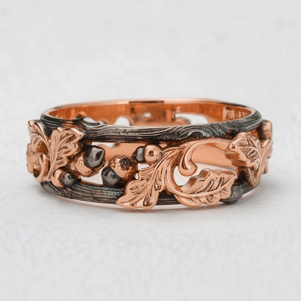 The Dark Grove | An Openwork Wide Band of Oak & Acorn.