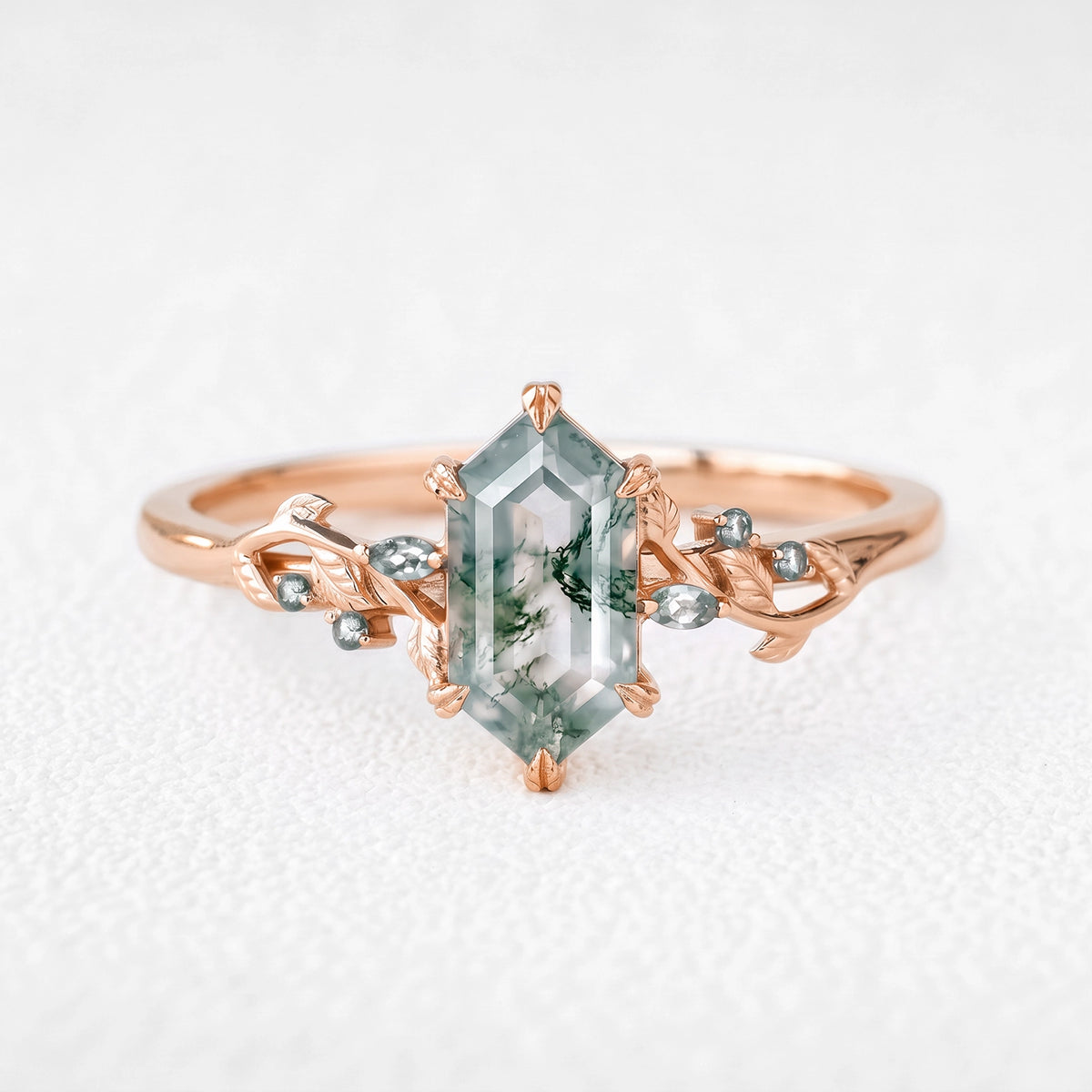 Celandine’s Twine | Elongated Hexagon Cut Moss Agate Foliage Engagement Ring