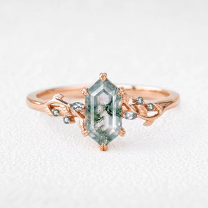 Celandine’s Twine | Elongated Hexagon Cut Moss Agate Foliage Engagement Ring