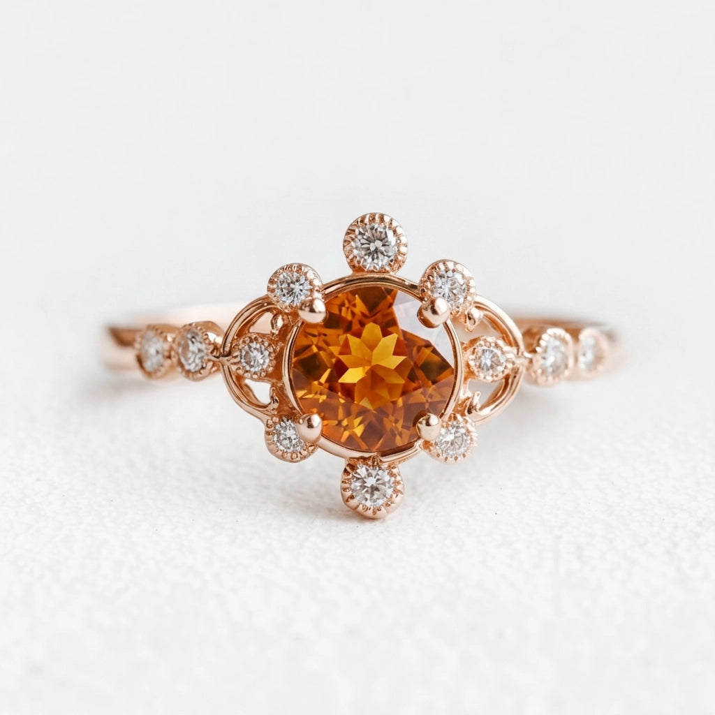 Aurora’s Ember | Round Citrine Vintage Halo Engagement Ring.