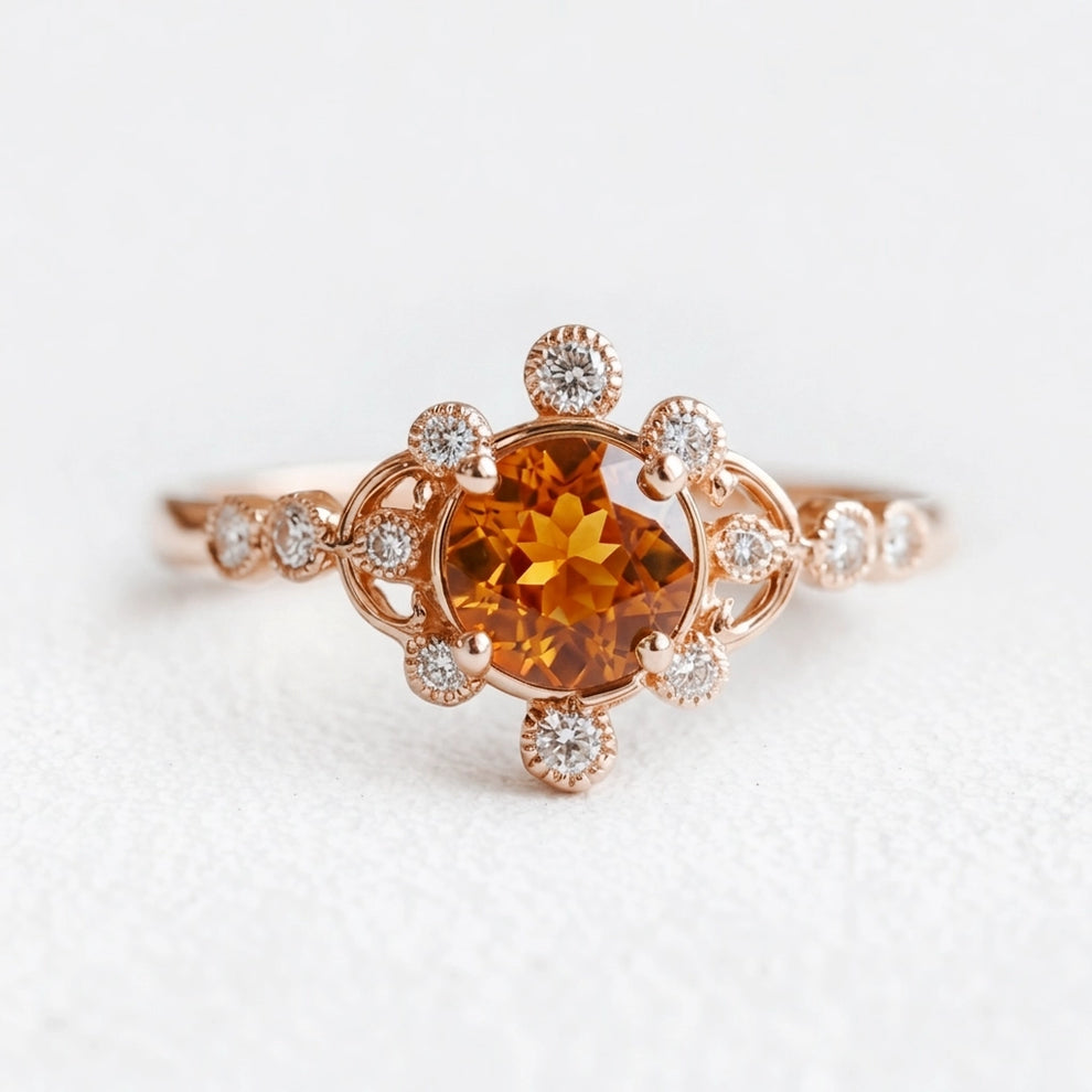 Aurora’s Ember | Round Citrine Vintage Halo Engagement Ring.