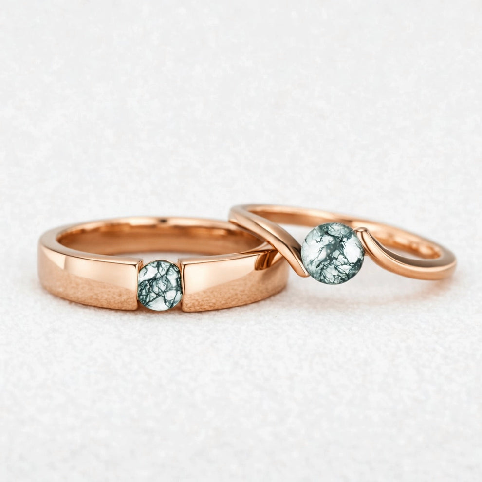 One Stone Duo | Round Moss Agate Couple Ring Set 2pcs.