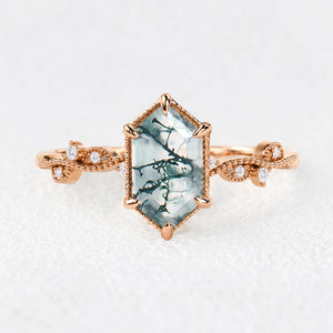 Isadora's Imprint | Hexagon Moss Agate Vintage Solitaire Engagement Ring