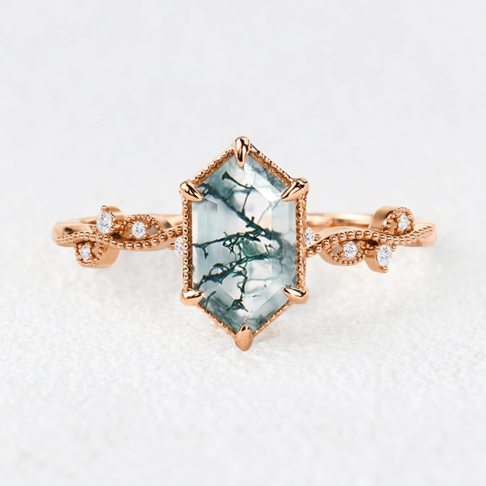 Isadora's Imprint | Hexagon Moss Agate Vintage Solitaire Engagement Ring