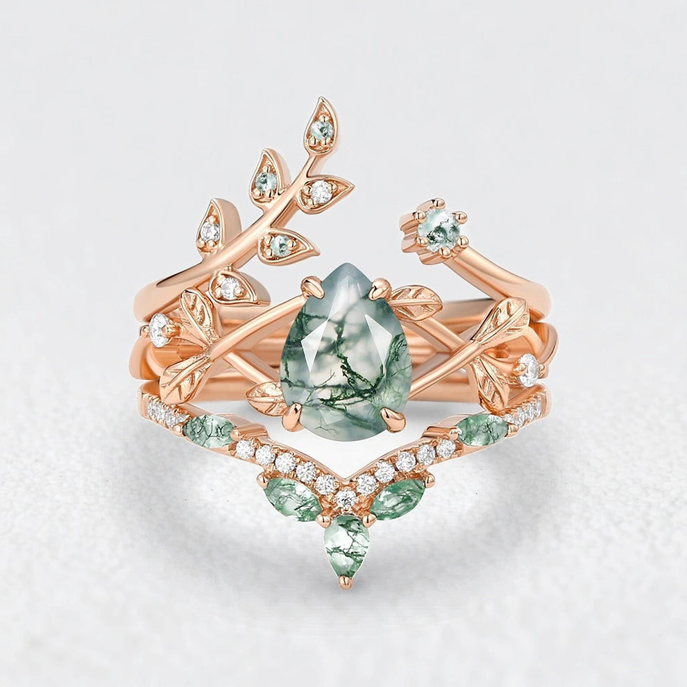 Isadora’s Verdant | Pear Cut Moss Agate Leafy Bridal Set 3pcs