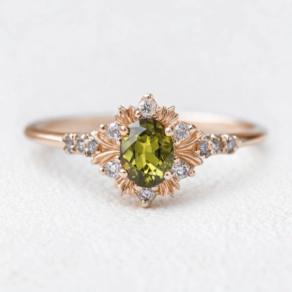 Rosalind’s Amber | 1CT Oval Cut Olive Yellow Sapphire Halo Engagement Ring