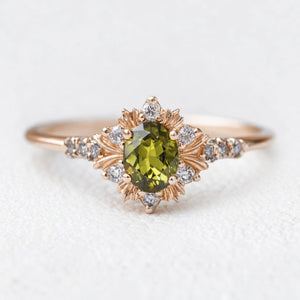 Rosalind’s Amber | 1CT Oval Cut Olive Yellow Sapphire Halo Engagement Ring