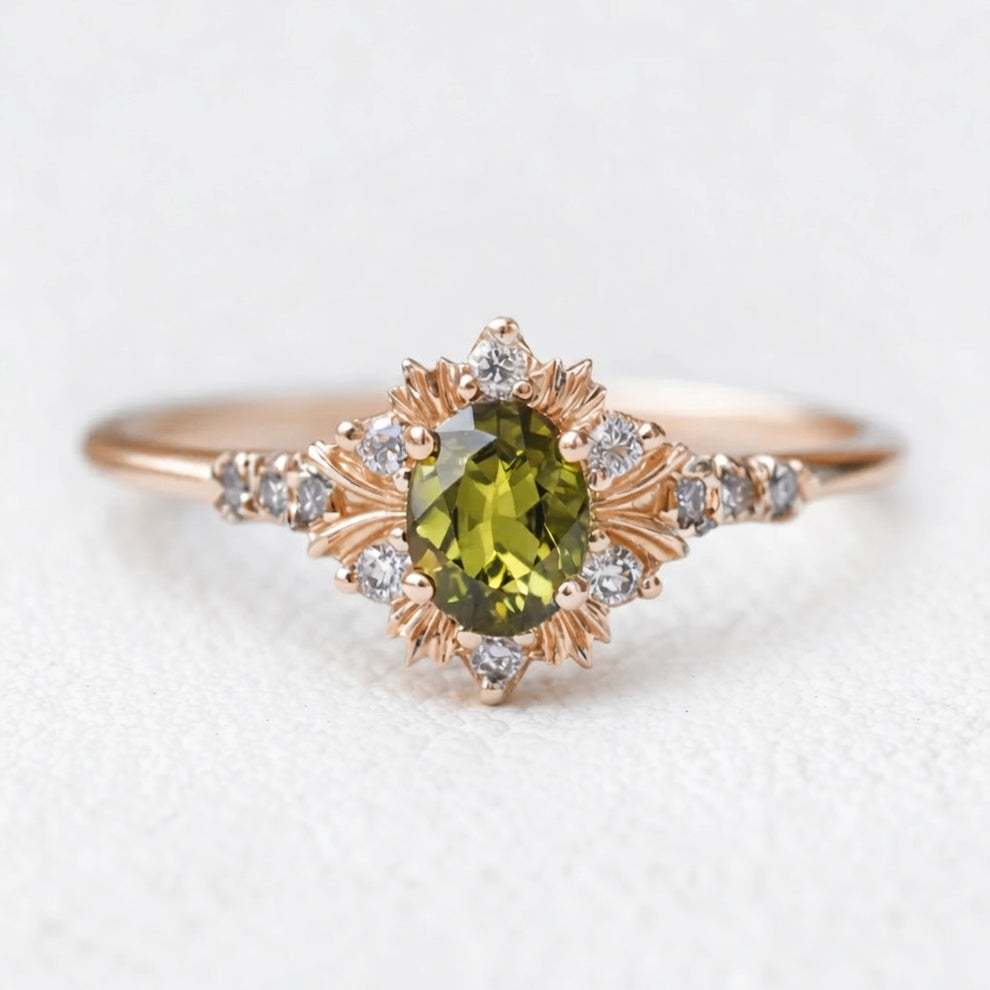 Rosalind’s Amber | 1CT Oval Cut Olive Yellow Sapphire Halo Engagement Ring