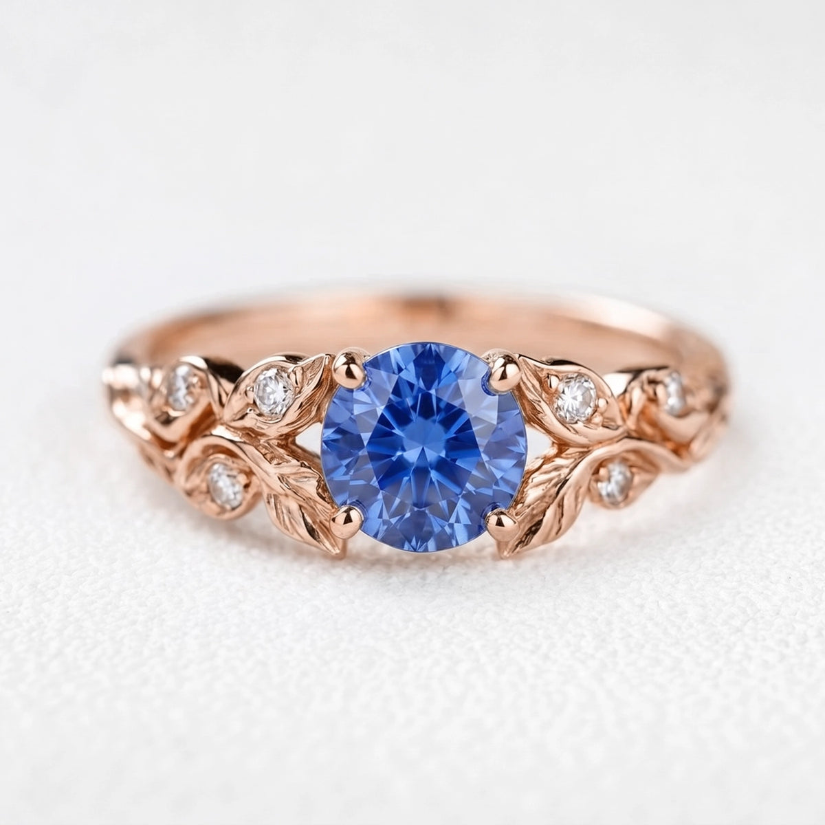 Miranda’s Chaplet | Round-Cut Blue Sapphire Foliage Vintage Engagement Ring