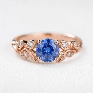 Miranda’s Chaplet | Round-Cut Blue Sapphire Foliage Vintage Engagement Ring