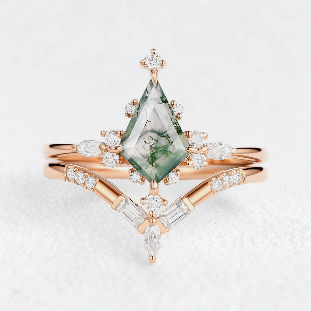 Rosalind's Glimmer | Star Kite Moss Agate Bridal Duo