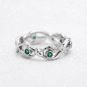 The Lacy Oak | Openwork Oak Leaves & Natural Emerald Women's Wedding Band.