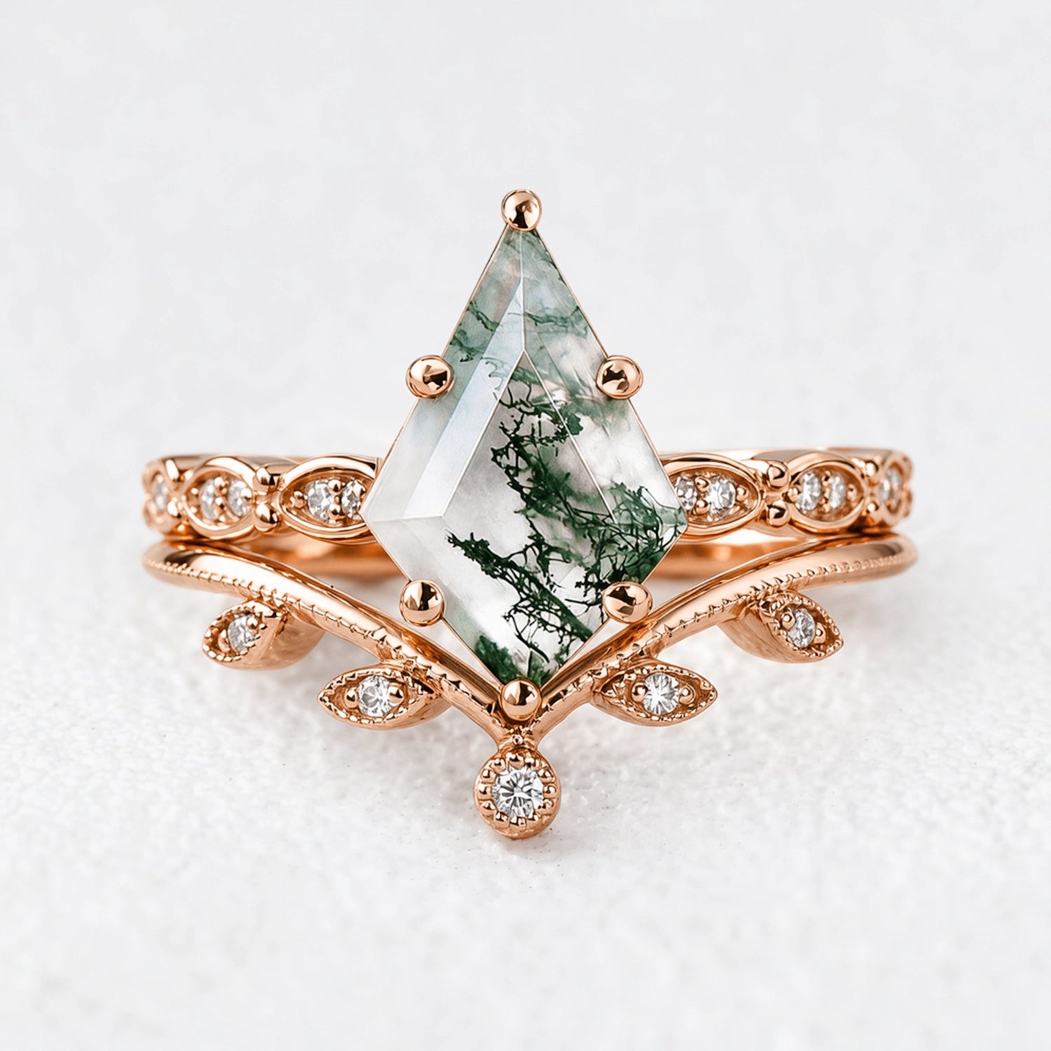 Genevieve’s Imprint | Kite Moss Agate Foliage Bridal Duo