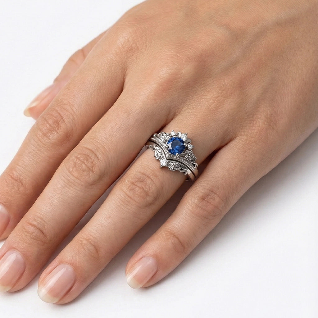 Ivy’s Wreath | Round Blue Sapphire & Diamond Vintage Bridal Set 2pcs.