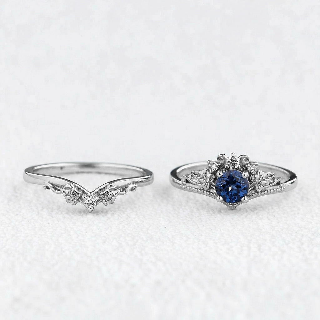 Ivy’s Wreath | Round Blue Sapphire & Diamond Vintage Bridal Set 2pcs.