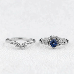 Ivy’s Wreath | Round Blue Sapphire & Diamond Vintage Bridal Set 2pcs.