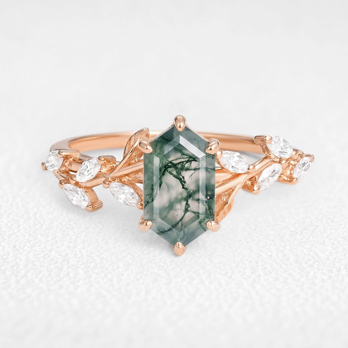 Celandine’s Tendril | Hexagon Cut Moss Agate Vine Engagement Ring