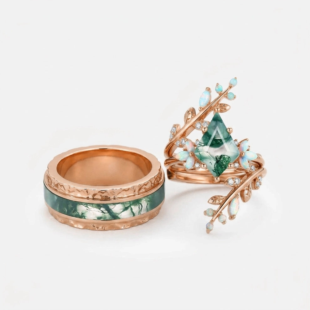 Knight’s Citadel | Kite Cut Moss Agate & Opal Couple Ring Set 3pcs.