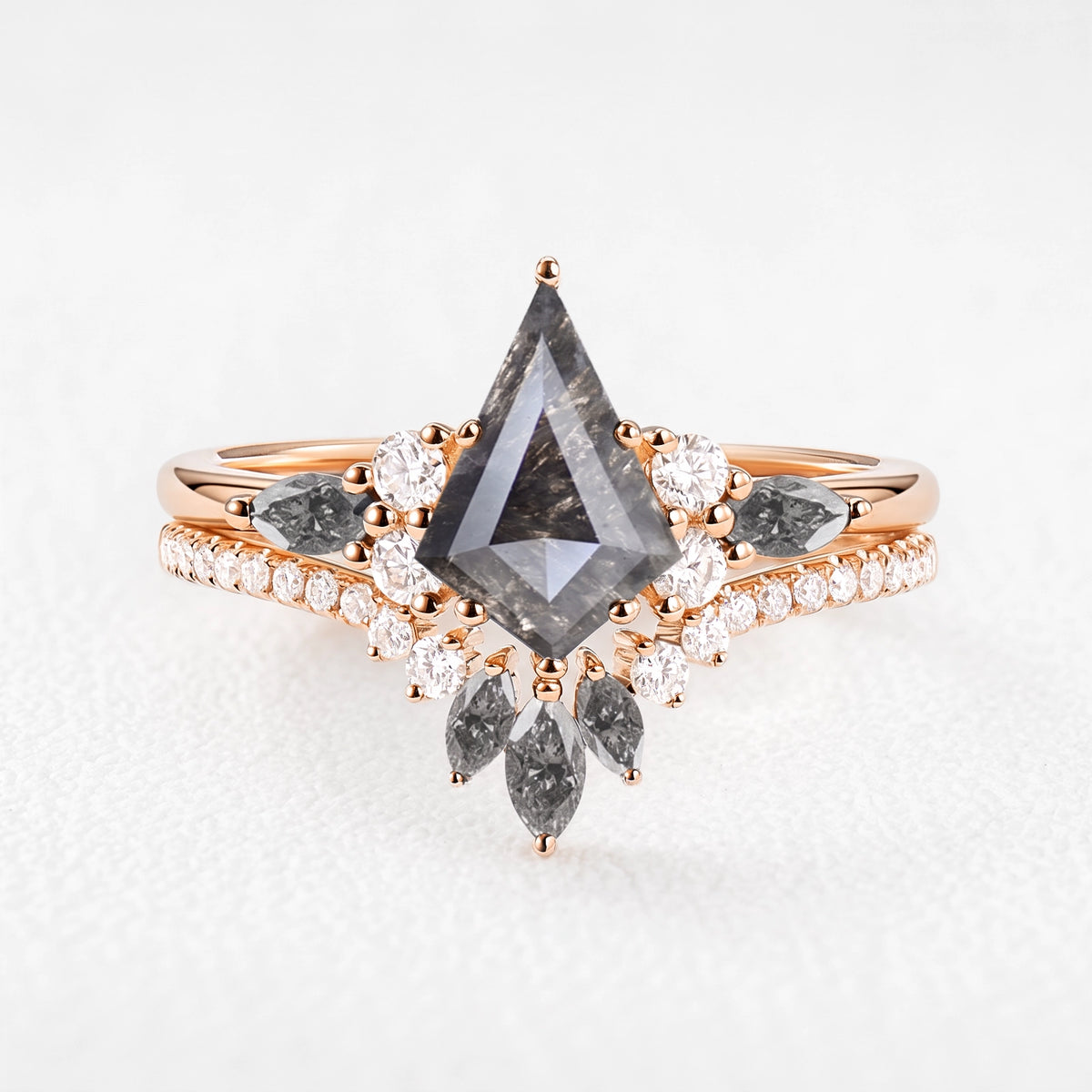 Astra’s Aureole | 1.5CT Kite Salt & Pepper Diamond Chevron Bridal Duo