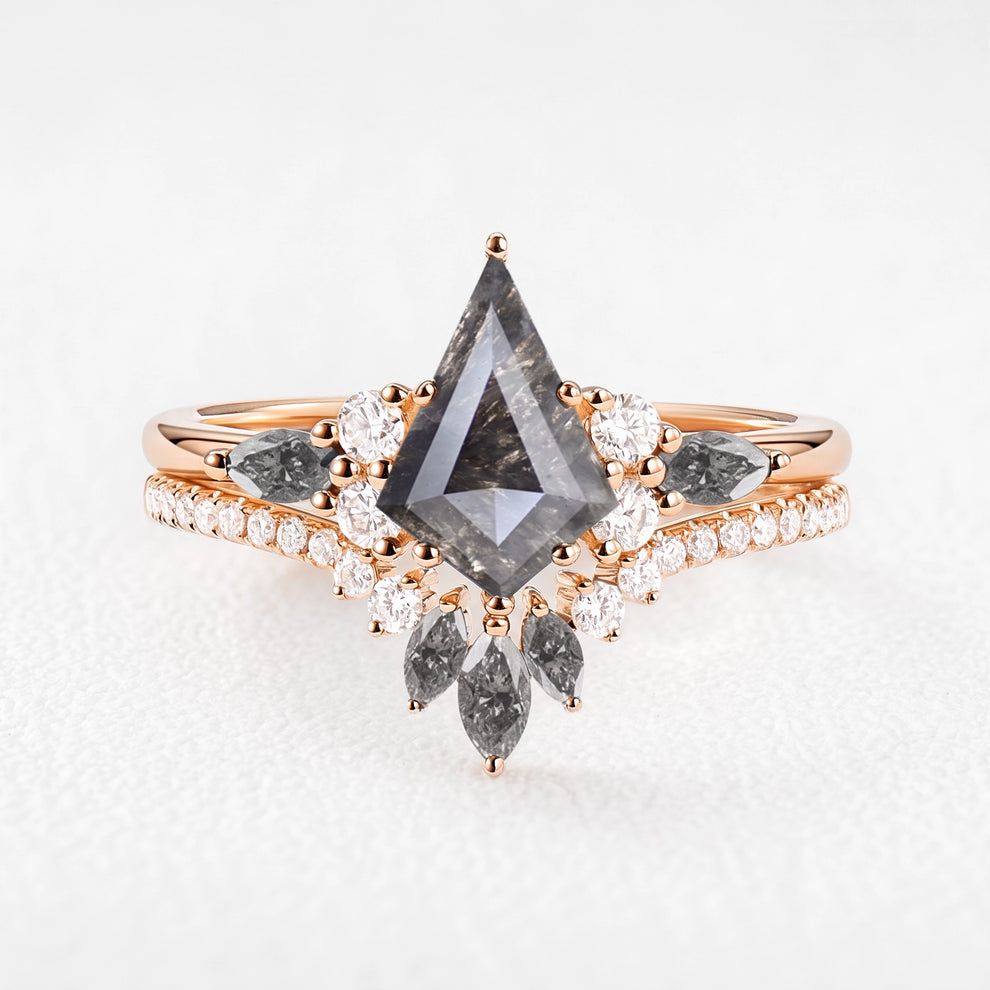Astra’s Aureole | 1.5CT Kite Salt & Pepper Diamond Chevron Bridal Duo