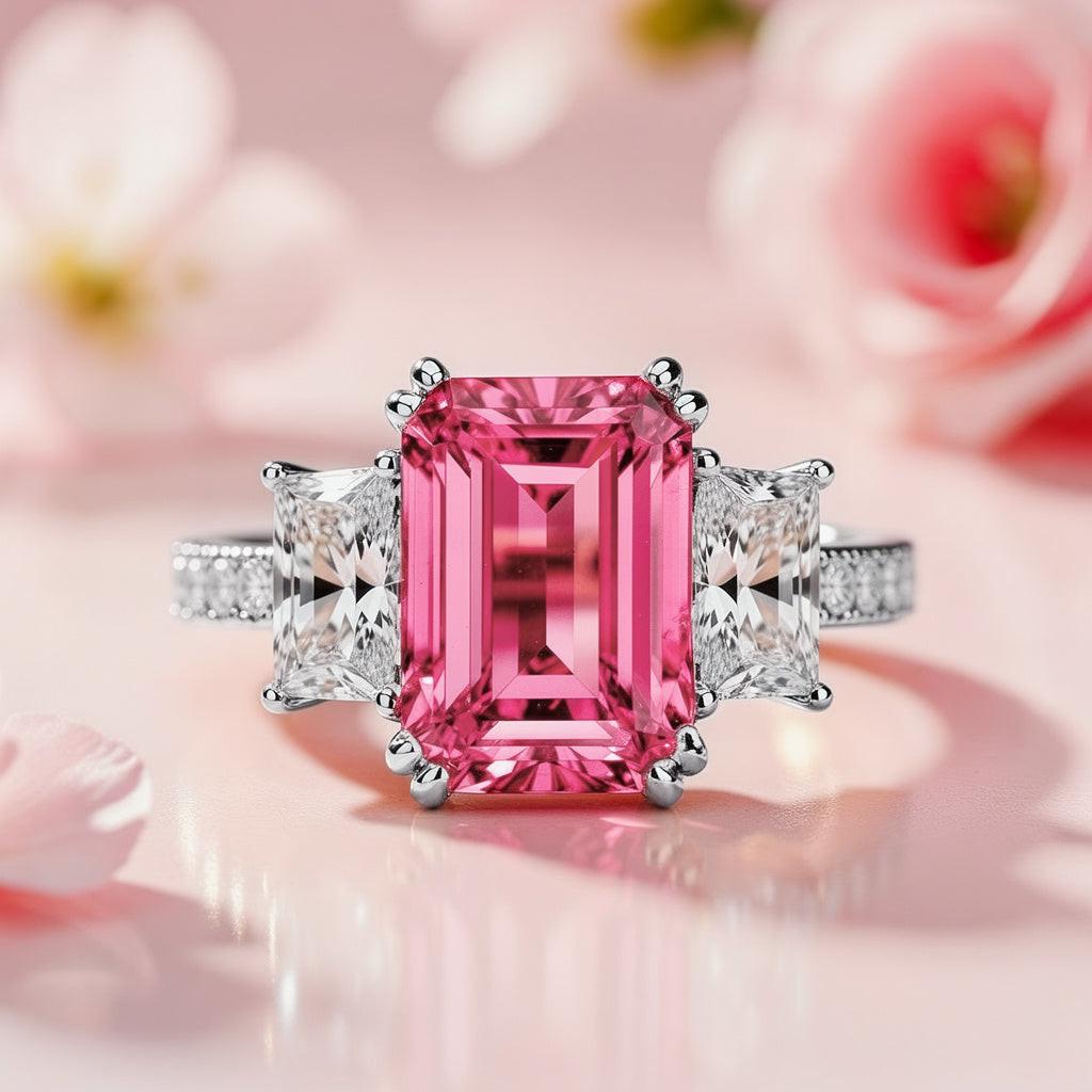 Cleo's Romance | 3CT Pink Baguette Solitaire Statement Ring.