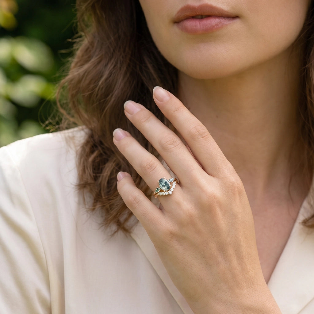 Alethea’s Pinions | Oval Moss Agate Three Stone Bridal Set 2pcs.