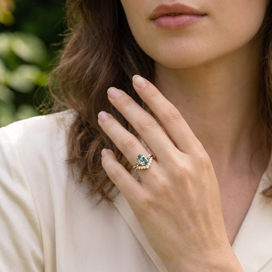Alethea’s Pinions | Oval Moss Agate Three Stone Bridal Set 2pcs.