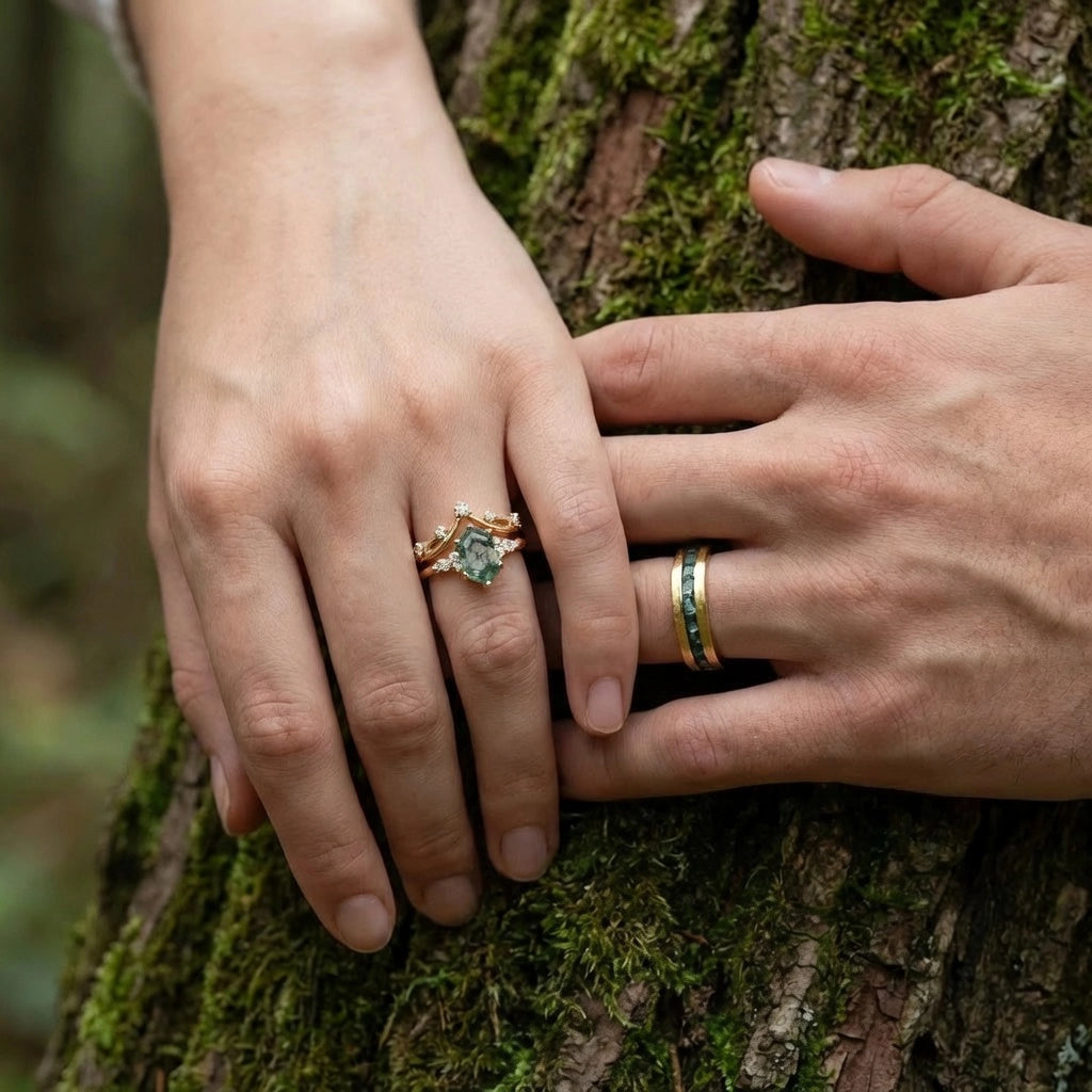 Maia’s Glade | Long Hexagon Moss Agate Leafy Couple Ring Set 3pcs.