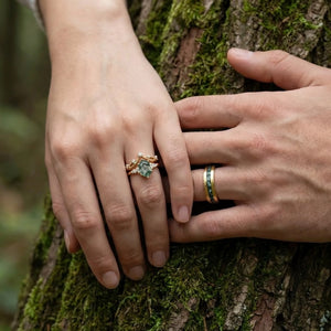 Maia’s Glade | Long Hexagon Moss Agate Leafy Couple Ring Set 3pcs.