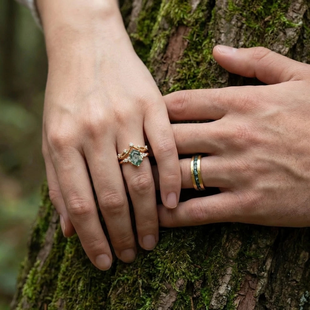 Maia’s Glade | Long Hexagon Moss Agate Leafy Couple Ring Set 3pcs.