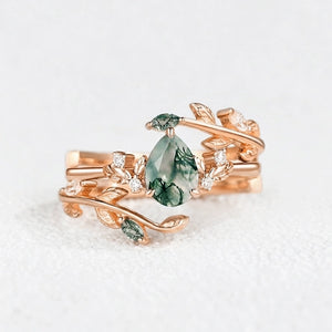 Dawn Pear Cut Moss Agate Leafy Engagement Ring Set 2pcs.