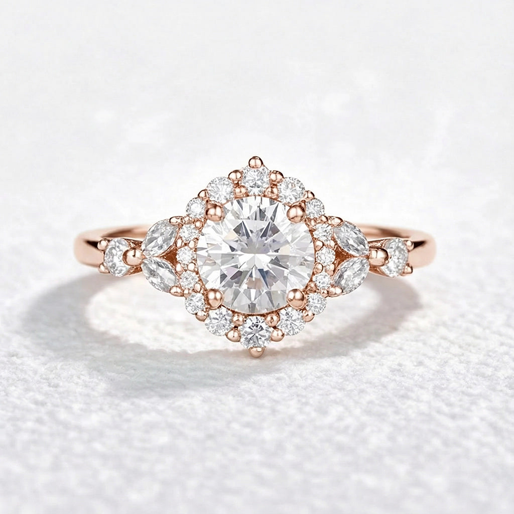 Aurora’s Radiance | Vintage Round Diamond Halo Engagement Ring.