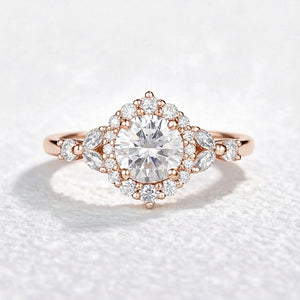 Aurora’s Radiance | Vintage Round Diamond Halo Engagement Ring.