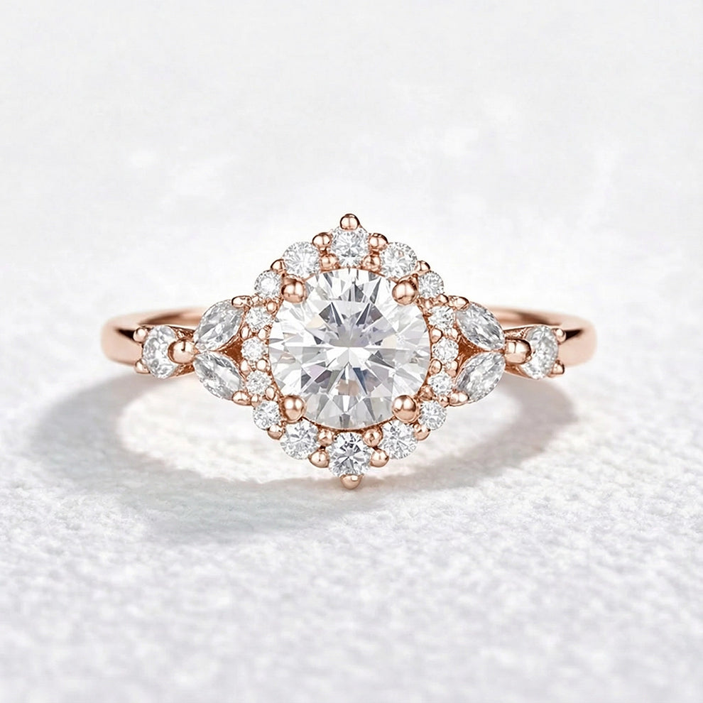 Aurora’s Radiance | Vintage Round Diamond Halo Engagement Ring.
