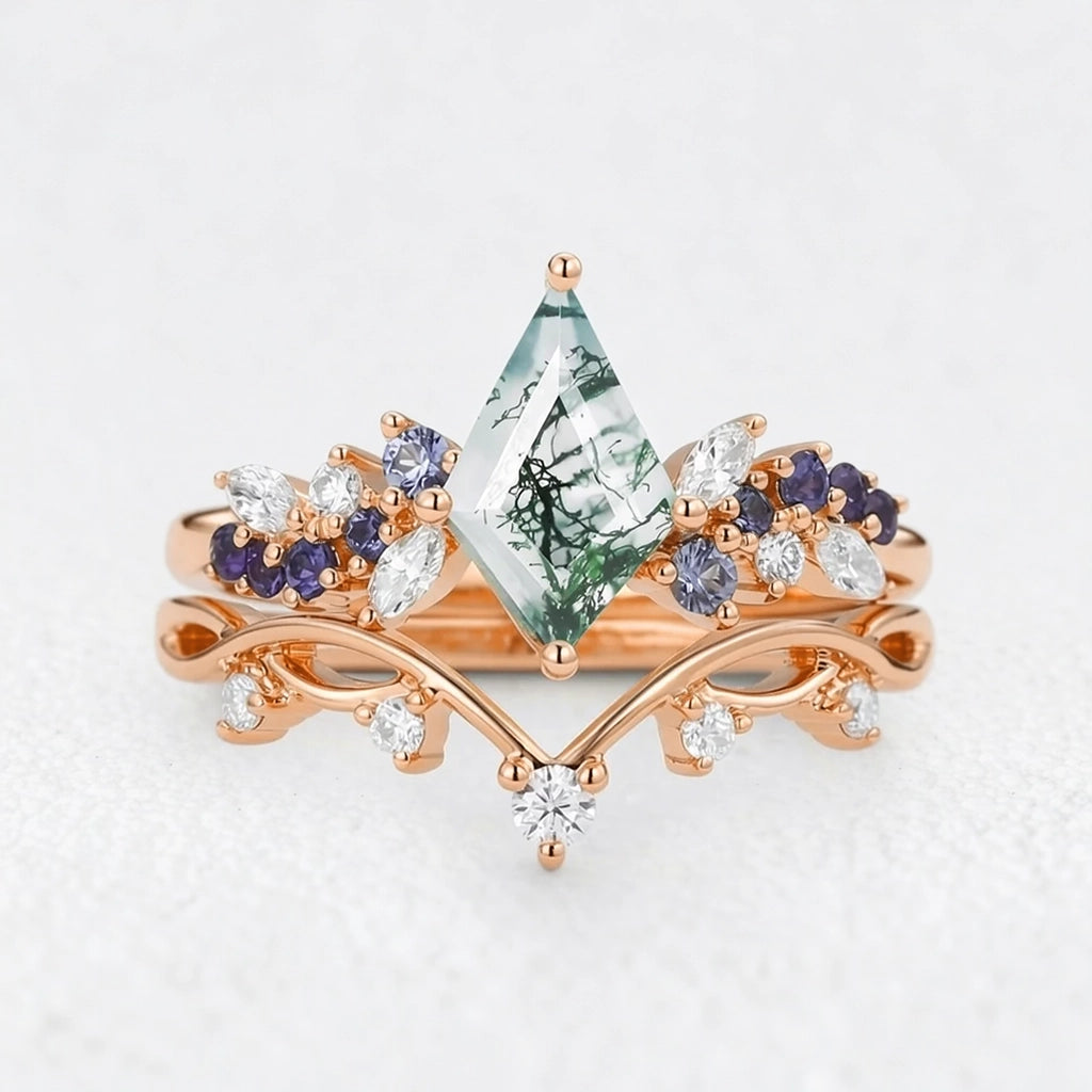 Isadora’s Rhapsody | Kite Moss Agate & Gradient Sapphire Bridal Duo