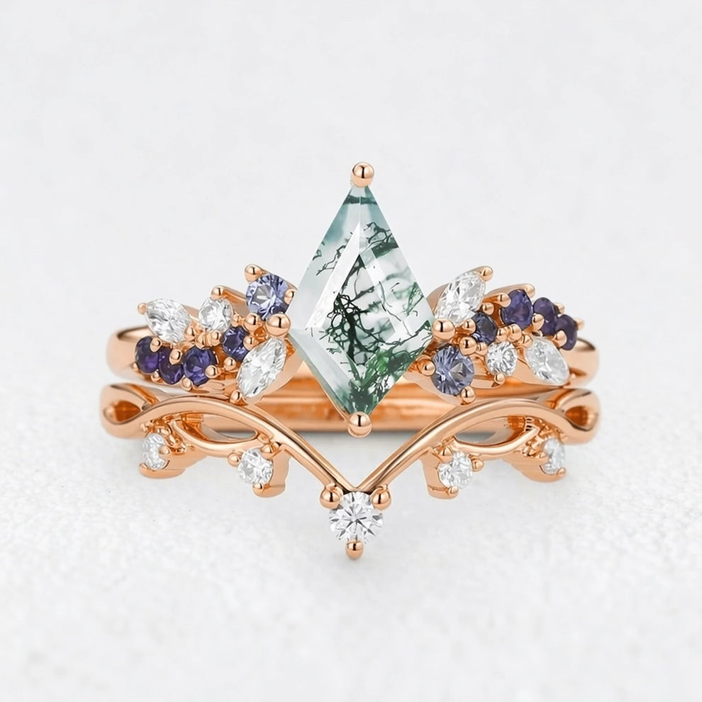 Isadora’s Rhapsody | Kite Moss Agate & Gradient Sapphire Bridal Duo