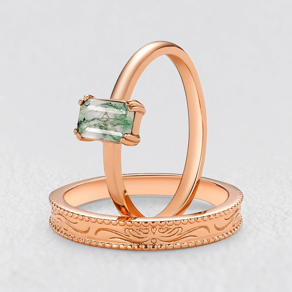 Daphne’s Clearing | Emerald Cut Moss Agate Couple Ring Set 2pcs.