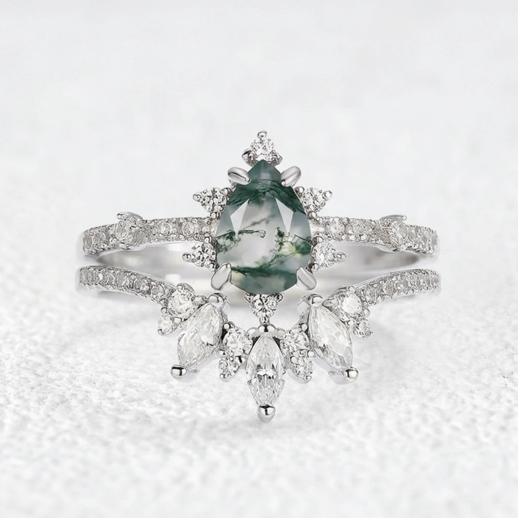 Unique Pear Cut Moss Agate Cluster Engagement Ring Set.