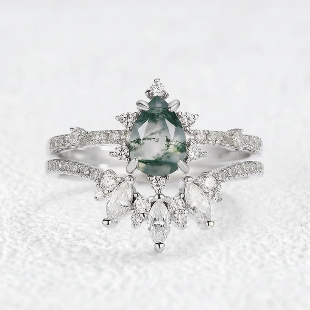 Unique Pear Cut Moss Agate Cluster Engagement Ring Set.