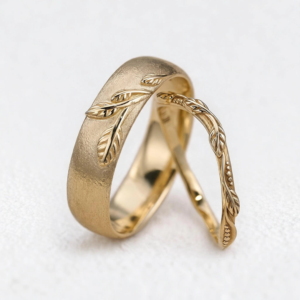 The Intertwined Wedding Set – Sandblasted Branch & Curved Vine Bands.