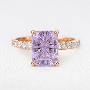 Joséphine’s Wisteria | 3CT Rectangular Fantasy-Cut Lavender Sapphire Solitaire Pavé Engagement Ring