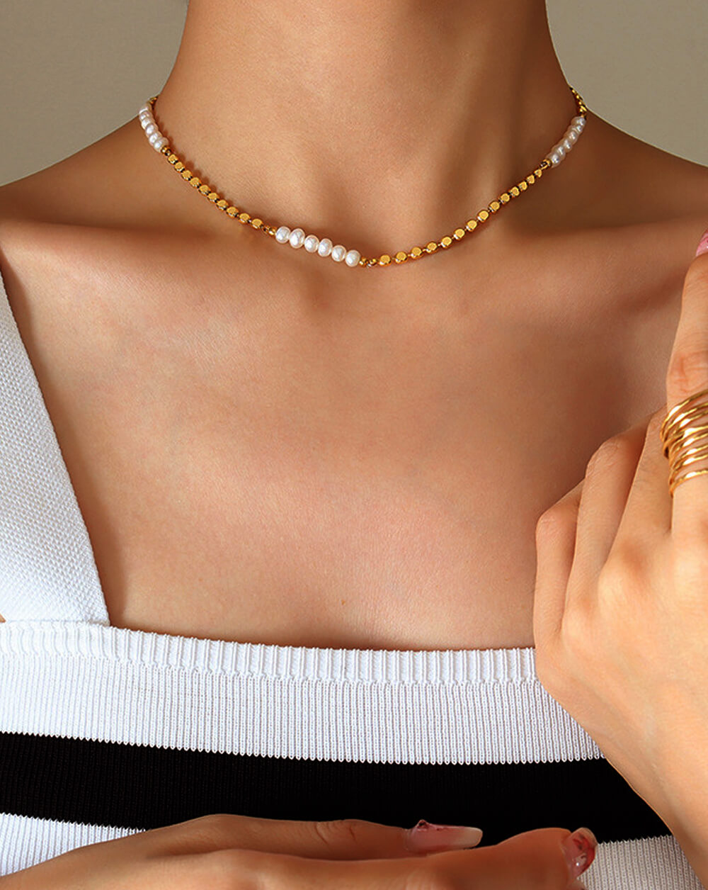 Minimalist Lentil Bead Necklace with Freshwater Pearls