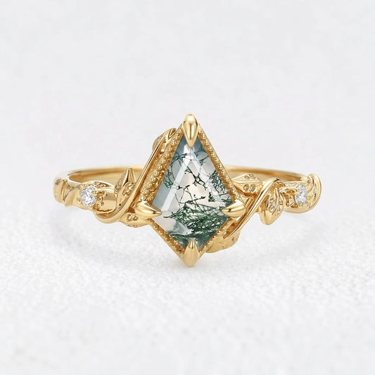 Leafy Kite Cut Moss Agate & Moissanite Engagement Ring.
