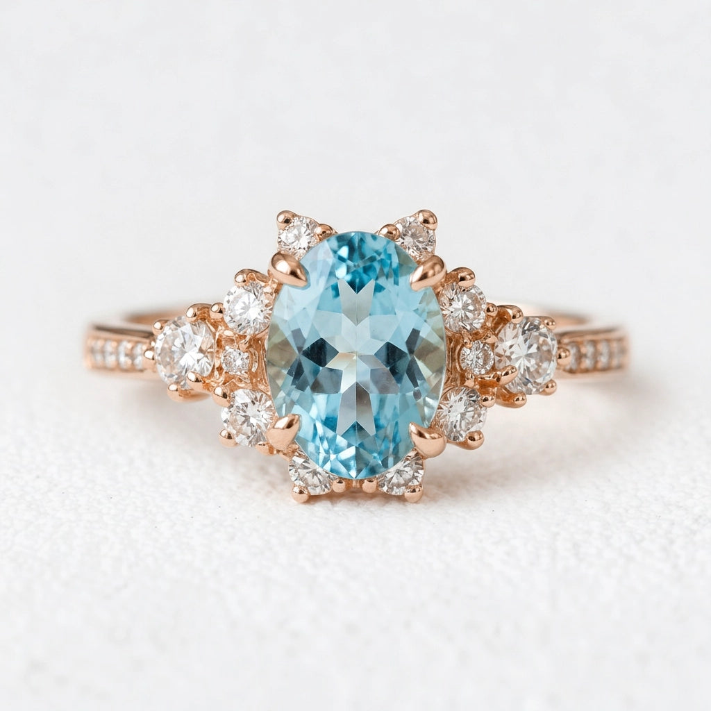 Aria‘s Bay | Oval Cut Blue Topaz Halo Engagement Ring.