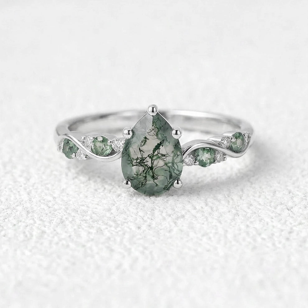 Flora’s Sprig | Pear Cut Moss Agate Engagement Ring.