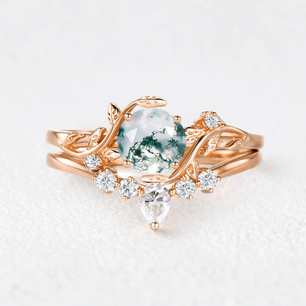 Genevieve’s Garden | Round Moss Agate Leafy Bridal Set 2pcs