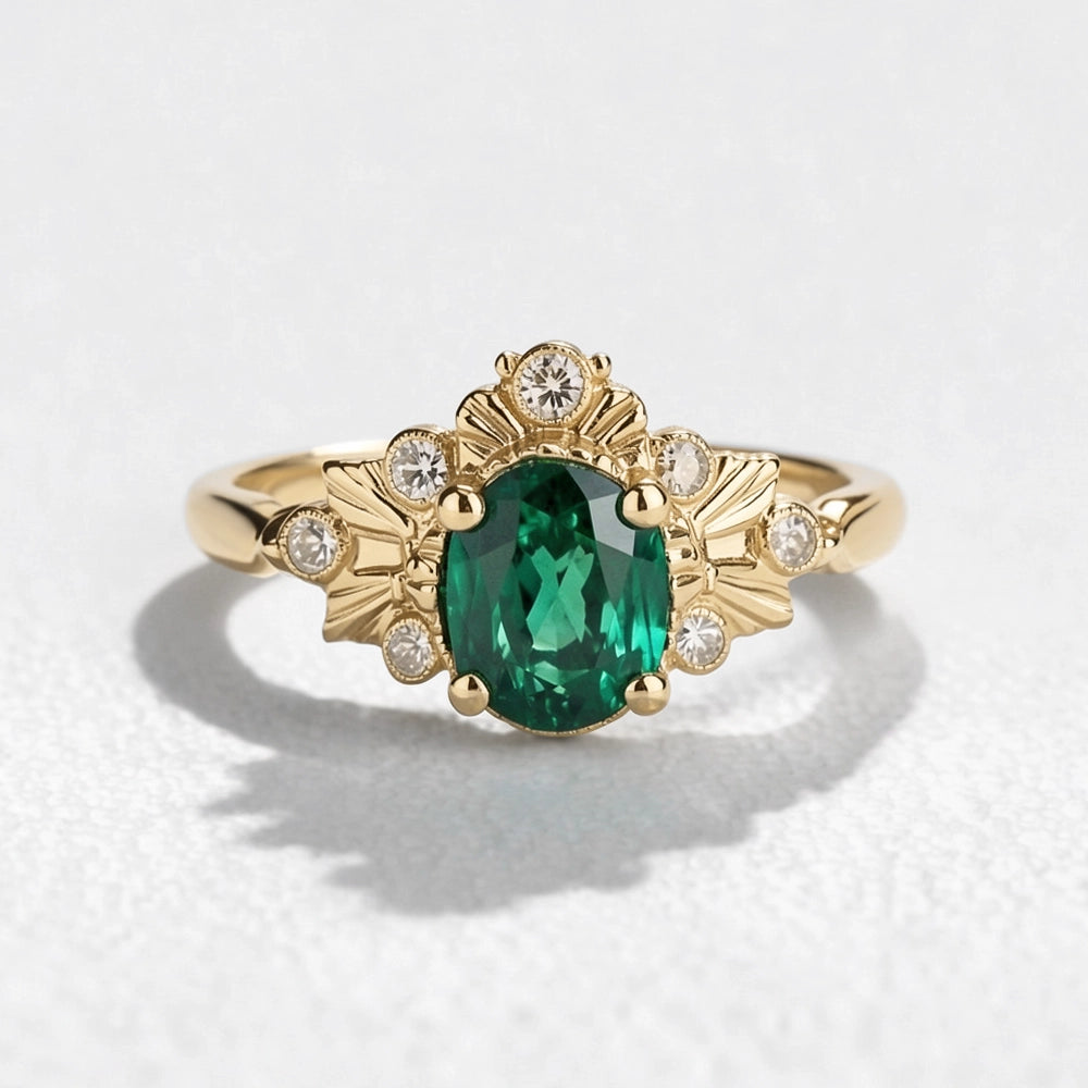 Isolde’s Willow | Vintage Oval Natural Emerald Engagement Ring.