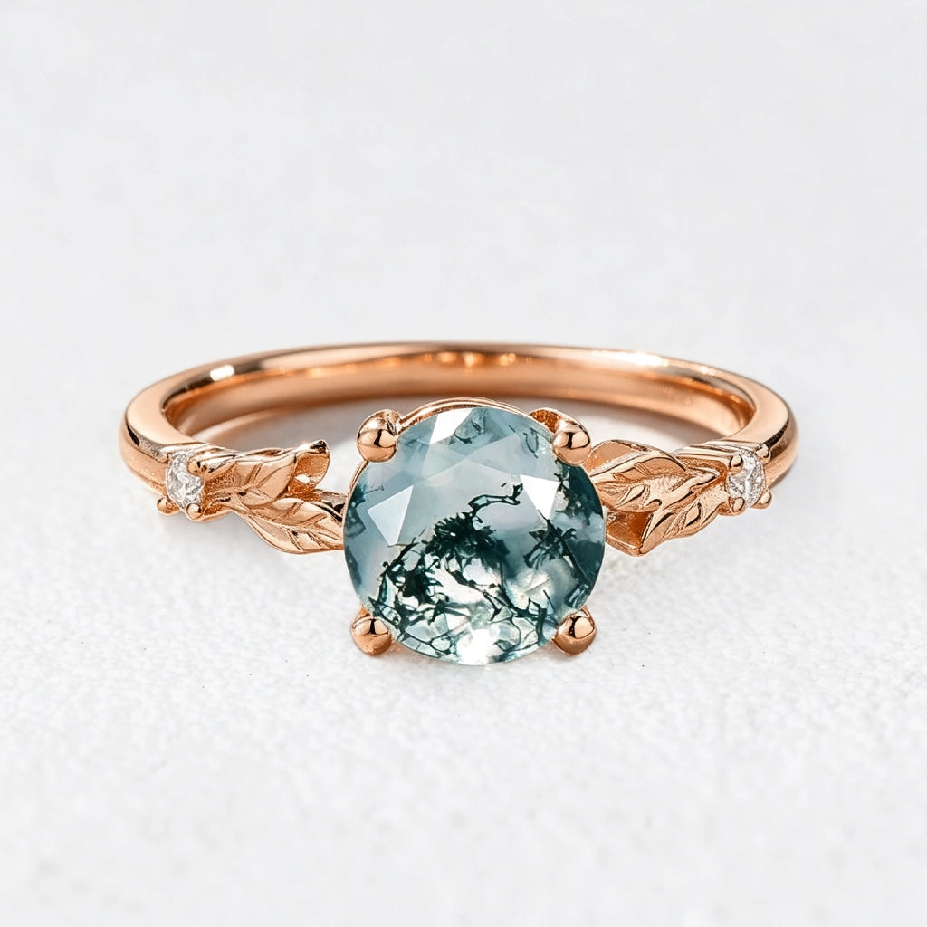 Aurelia’s Leaflet | Round Cut Moss Agate Leafy Engagement Ring