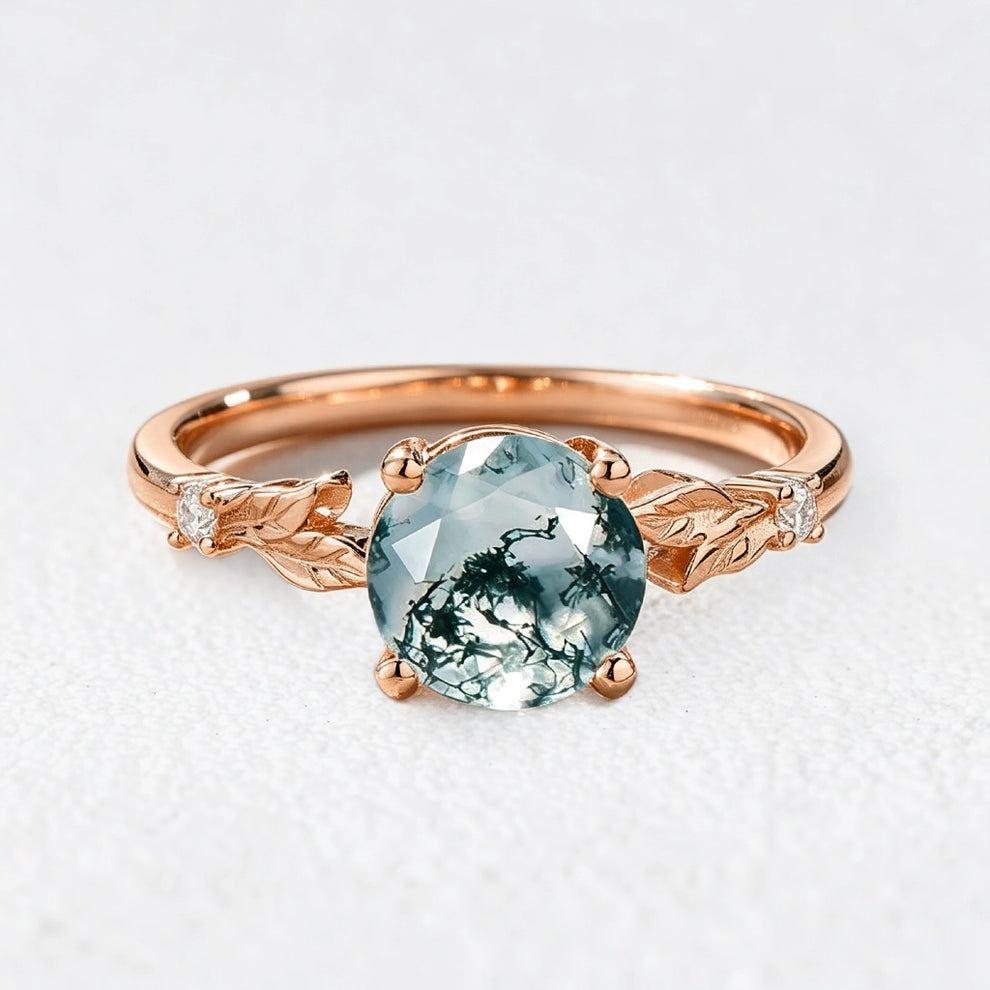 Aurelia’s Leaflet | Round Cut Moss Agate Leafy Engagement Ring