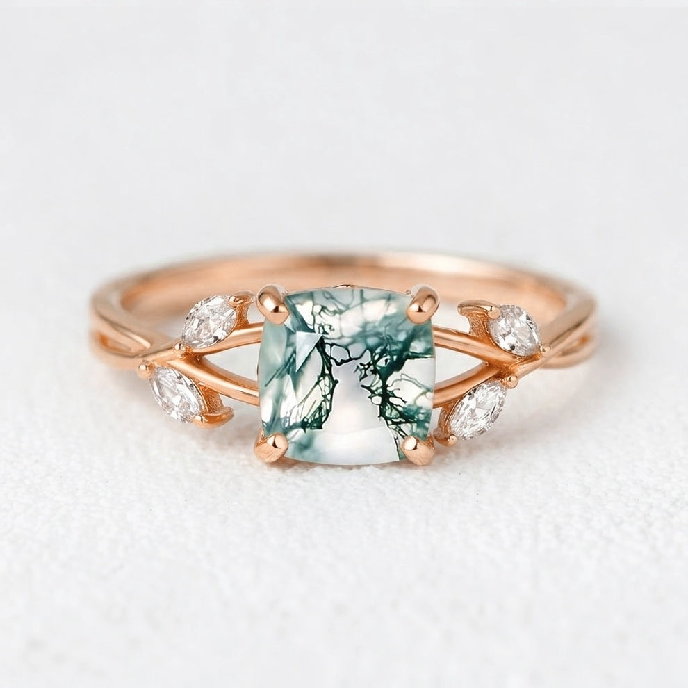 Penelope’s Evermore | Cushion Cut Moss Agate Vine Engagement Ring